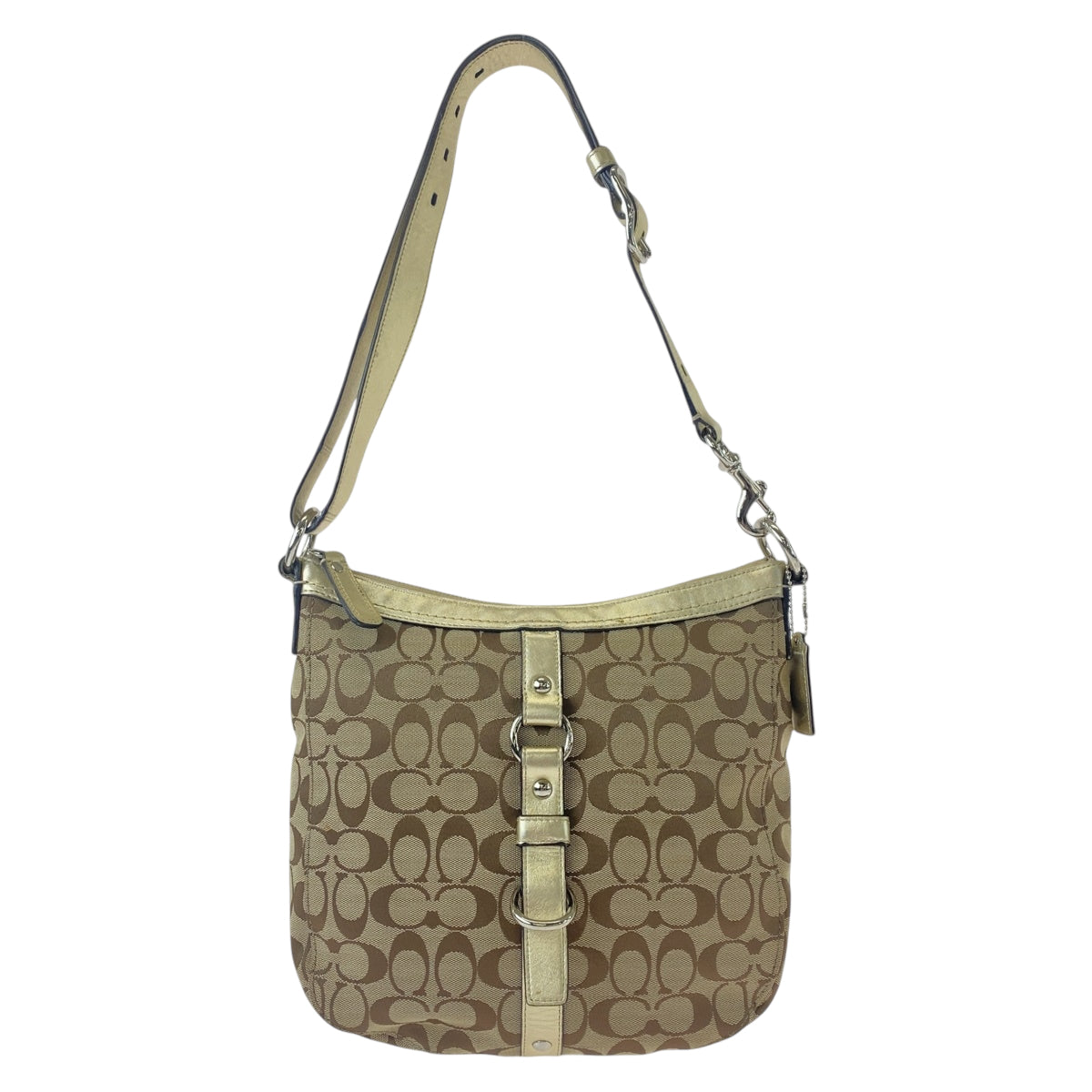 12083
 
COACH Signature Gold Beige Silver Hardware Canvas/Leather Shoulder Bag Pochette Women's