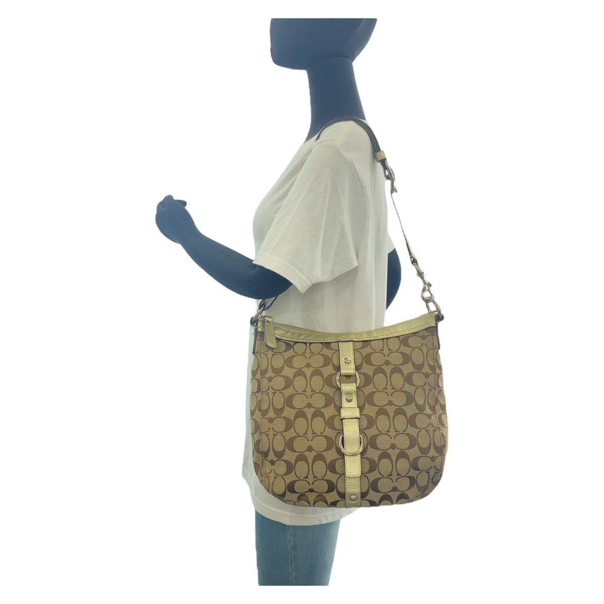 12083
 
COACH Signature Gold Beige Silver Hardware Canvas/Leather Shoulder Bag Pochette Women's