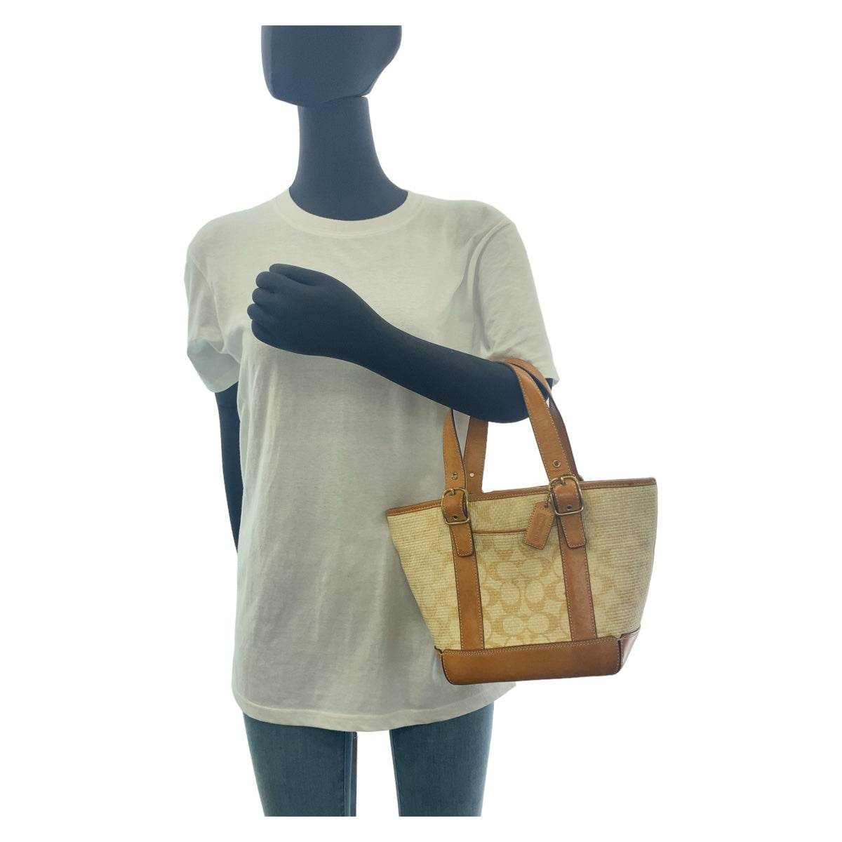 12079
 
COACH Signature Light Brown Camel Beige Gold Hardware Straw/Leather Tote Bag Shoulder Bag Handbag Women's