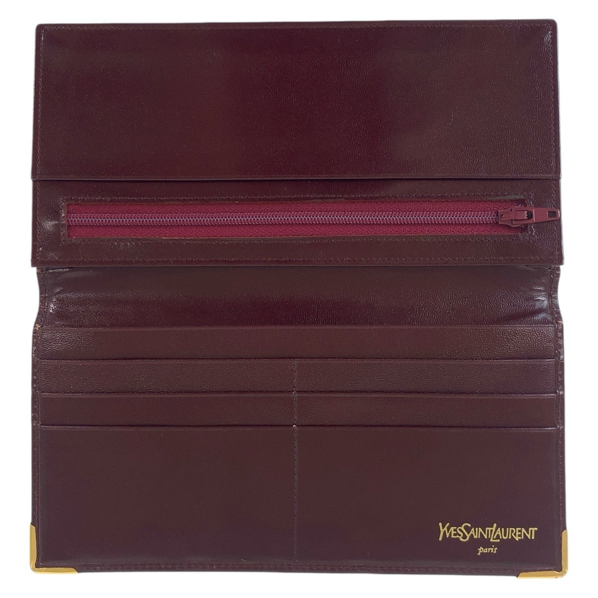 12077
 YVES SAINT LAURENT Vintage YSL Wine Red Gold Hardware Leather Long Wallet for Men