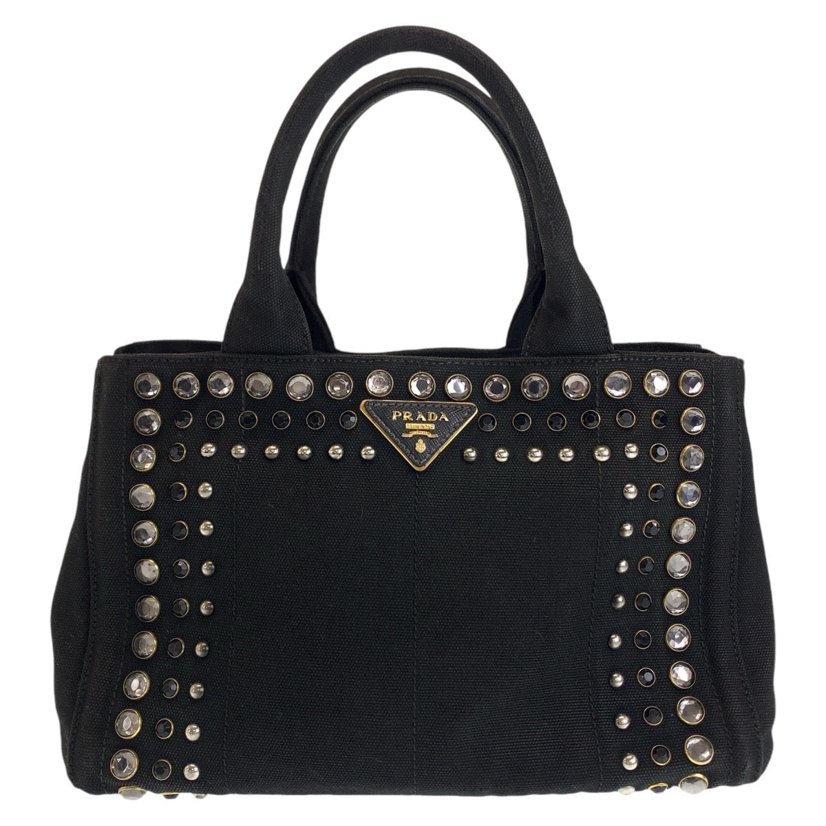PRADA Prada Studs, Bijou, Canapa, Triangle Logo Plate, Black, Gold Hardware, Canvas Tote Bag, Handbag, Women's