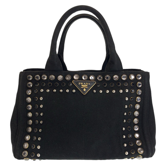 PRADA Prada Studs, Bijou, Canapa, Triangle Logo Plate, Black, Gold Hardware, Canvas Tote Bag, Handbag, Women's