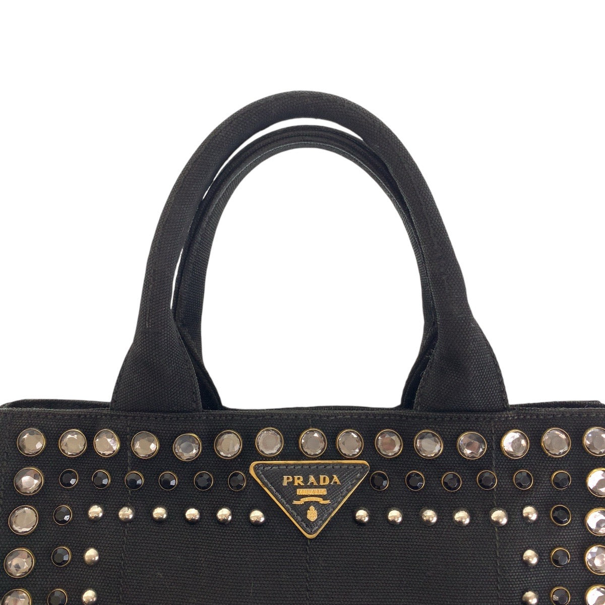 PRADA Prada Studs, Bijou, Canapa, Triangle Logo Plate, Black, Gold Hardware, Canvas Tote Bag, Handbag, Women's