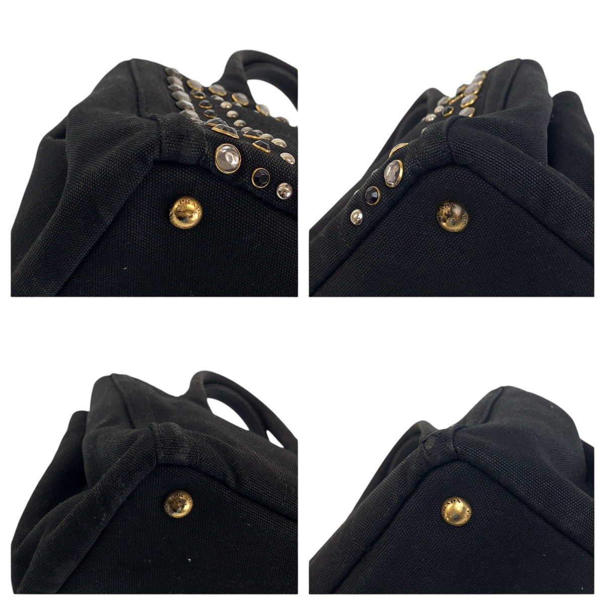 PRADA Prada Studs, Bijou, Canapa, Triangle Logo Plate, Black, Gold Hardware, Canvas Tote Bag, Handbag, Women's