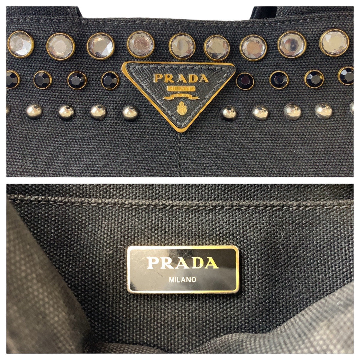 PRADA Prada Studs, Bijou, Canapa, Triangle Logo Plate, Black, Gold Hardware, Canvas Tote Bag, Handbag, Women's