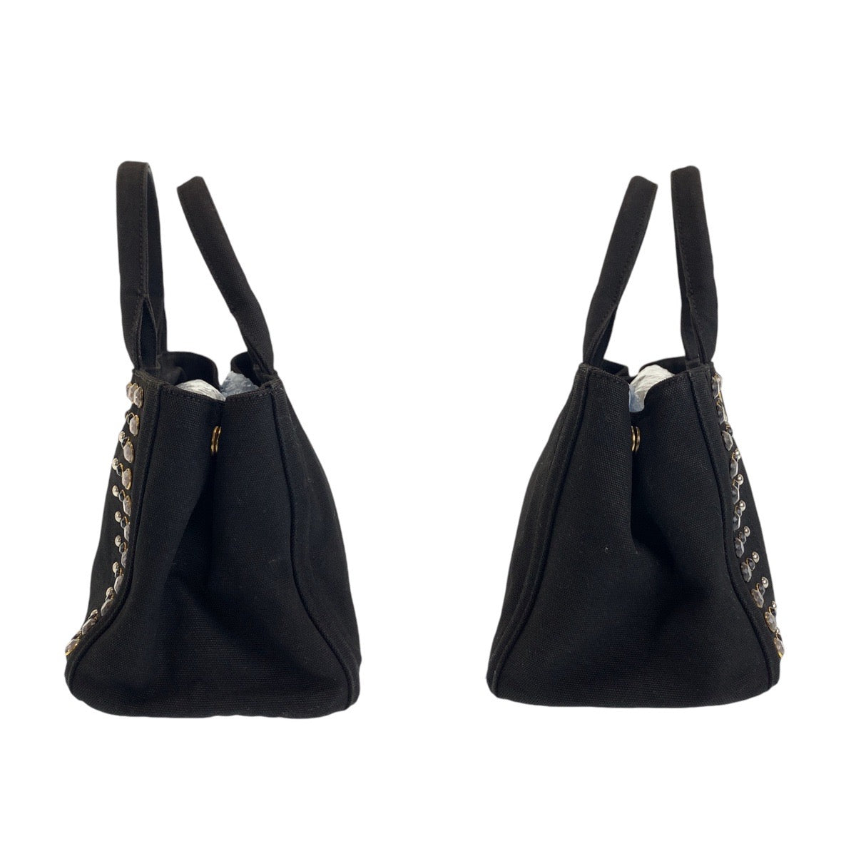 PRADA Prada Studs, Bijou, Canapa, Triangle Logo Plate, Black, Gold Hardware, Canvas Tote Bag, Handbag, Women's