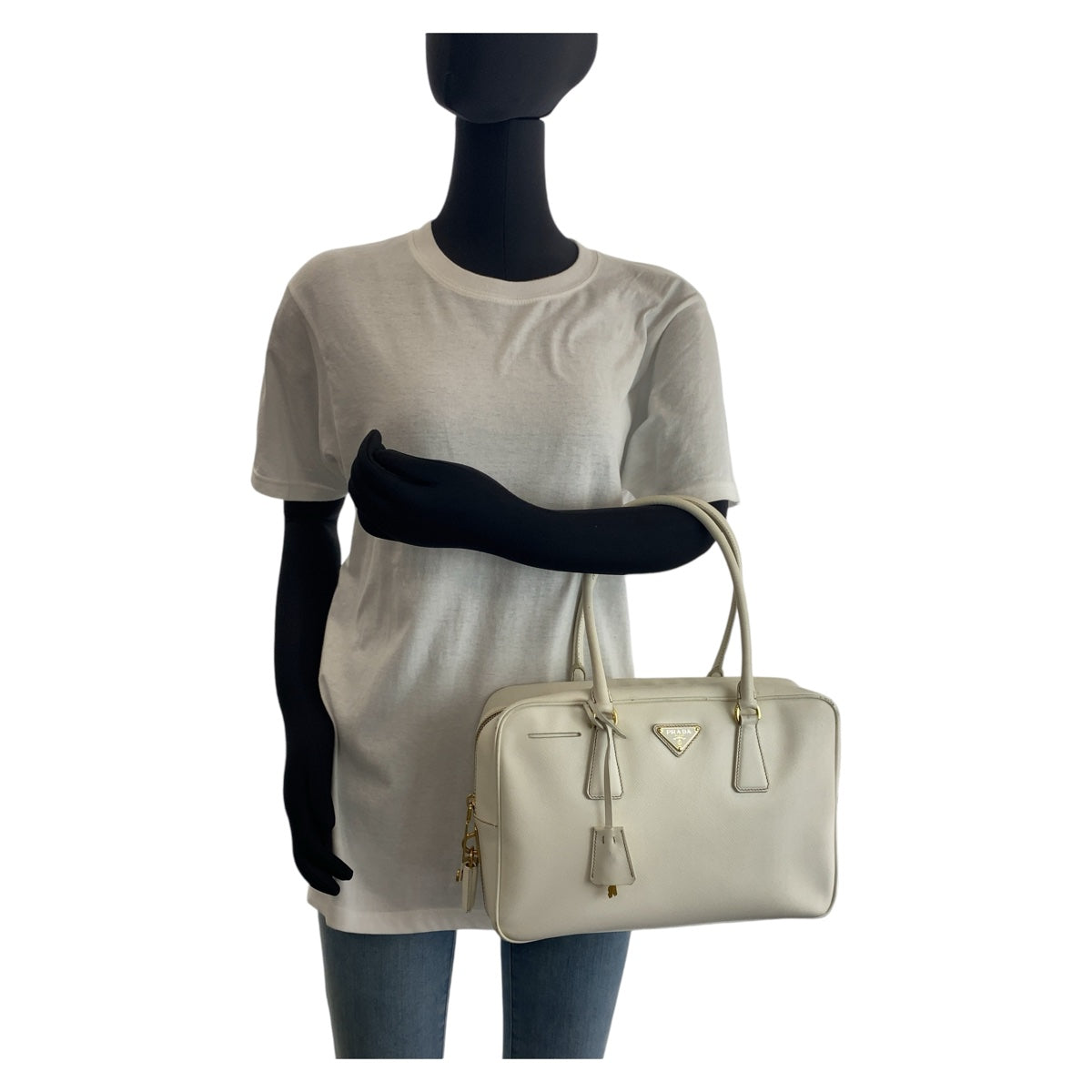 PRADA Prada Saffiano Triangle Logo Plate White Gold Hardware Leather Handbag Shoulder Bag Women's