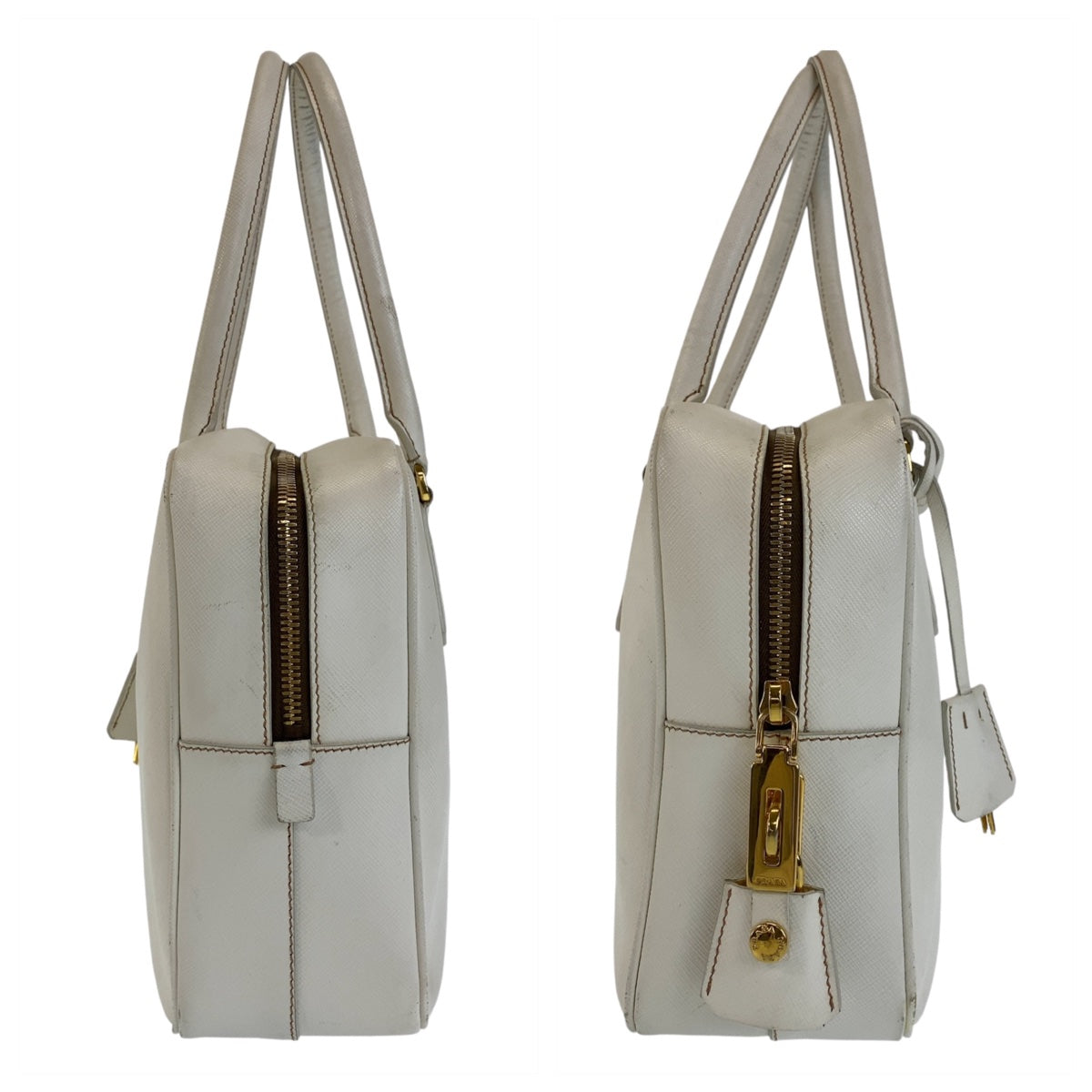 PRADA Prada Saffiano Triangle Logo Plate White Gold Hardware Leather Handbag Shoulder Bag Women's