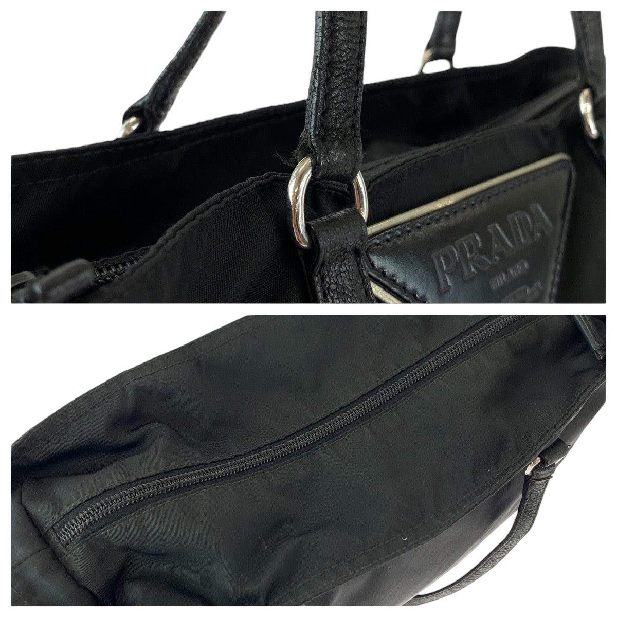 12929
PRADA プラダ テスート ビッグロゴ 三角ロゴプレート ブラック 黒 シルバー金具 ナイロン トートバッグ ショルダーバッグ  レディース