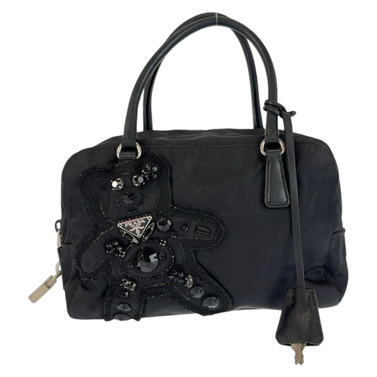 12931
PRADA プラダ テスート 三角ロゴプレート イブニングベア ビジュー ブラック 黒 シルバー金具 ナイロン / レザー トートバッグ ハンドバッグ  レディース