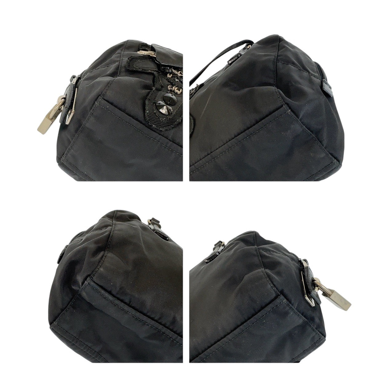 12931
PRADA プラダ テスート 三角ロゴプレート イブニングベア ビジュー ブラック 黒 シルバー金具 ナイロン / レザー トートバッグ ハンドバッグ  レディース