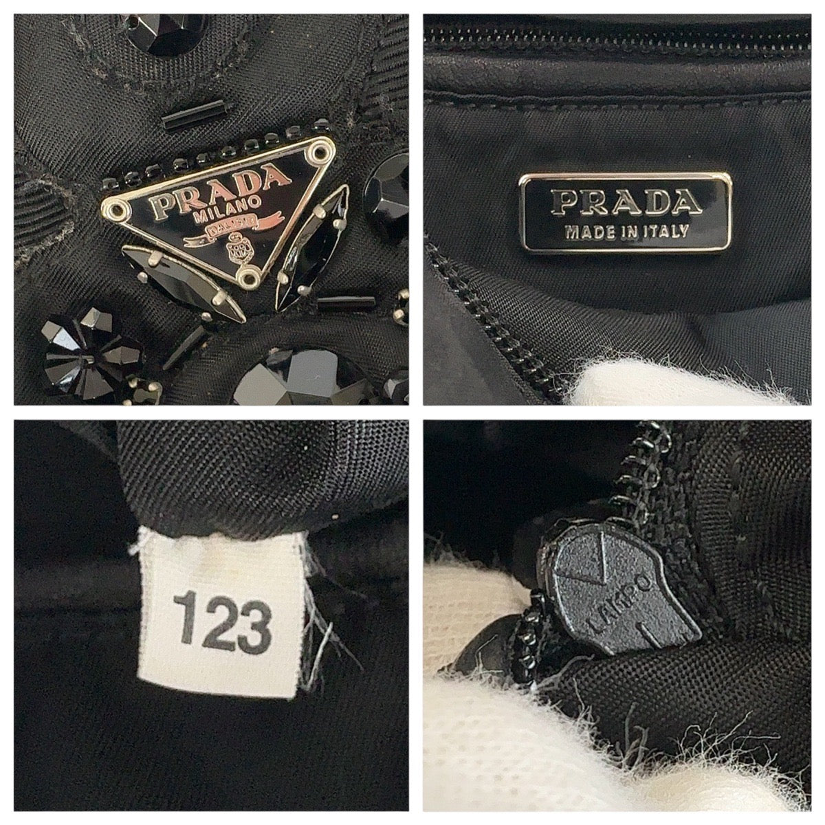 12931
PRADA プラダ テスート 三角ロゴプレート イブニングベア ビジュー ブラック 黒 シルバー金具 ナイロン / レザー トートバッグ ハンドバッグ  レディース