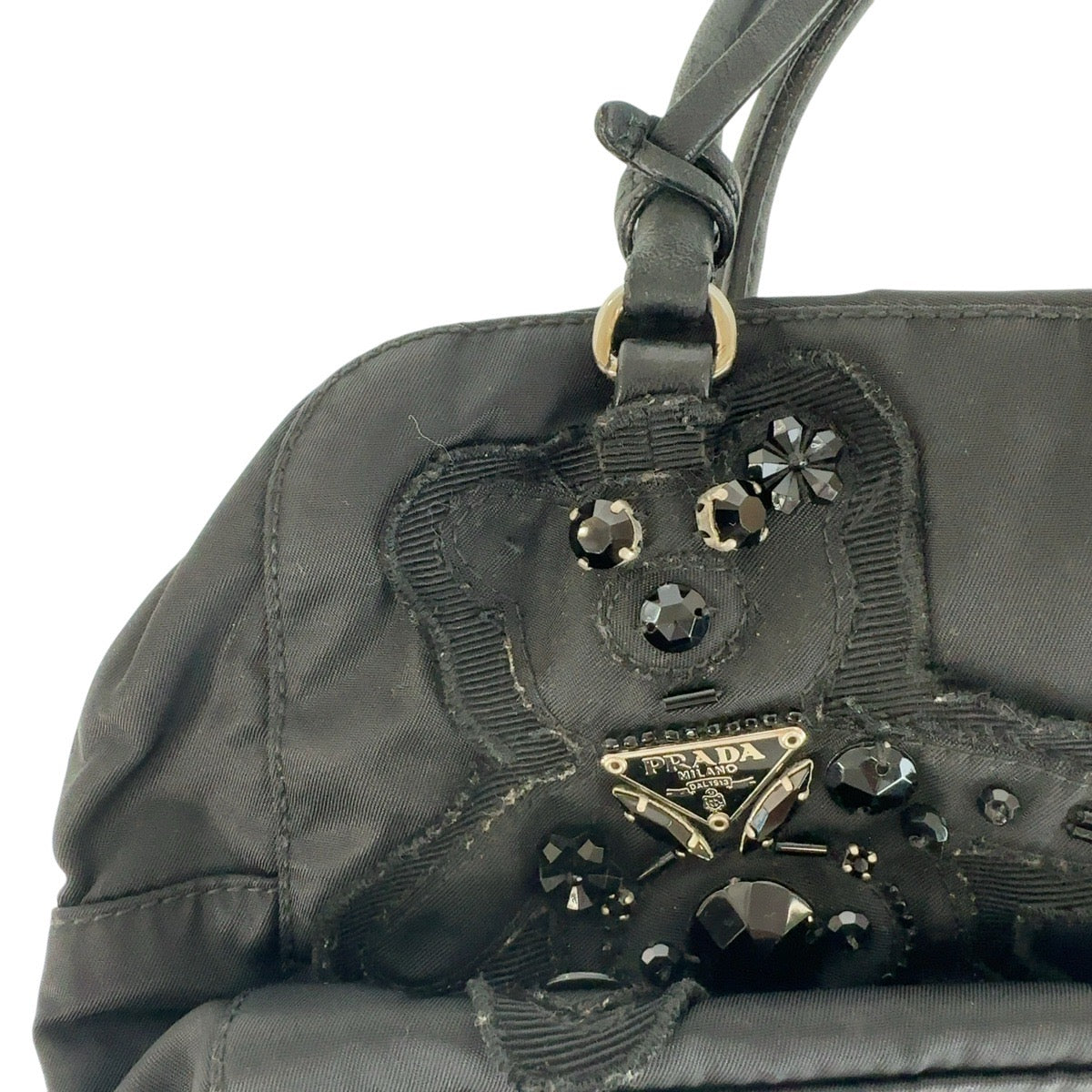 12931
PRADA プラダ テスート 三角ロゴプレート イブニングベア ビジュー ブラック 黒 シルバー金具 ナイロン / レザー トートバッグ ハンドバッグ  レディース