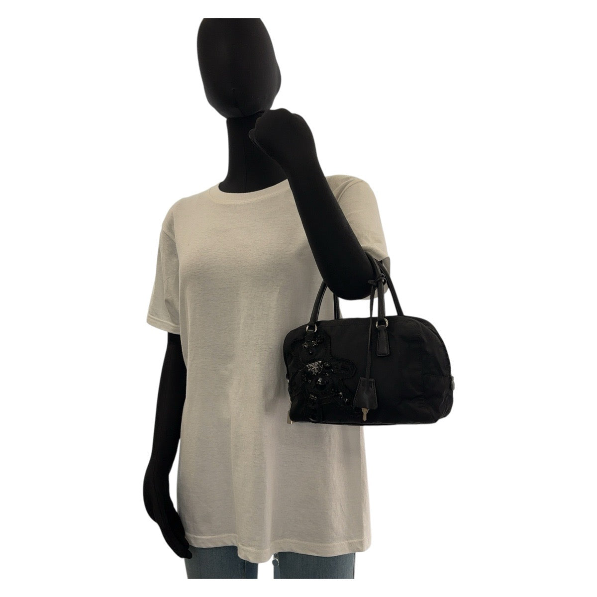 12931
PRADA プラダ テスート 三角ロゴプレート イブニングベア ビジュー ブラック 黒 シルバー金具 ナイロン / レザー トートバッグ ハンドバッグ  レディース