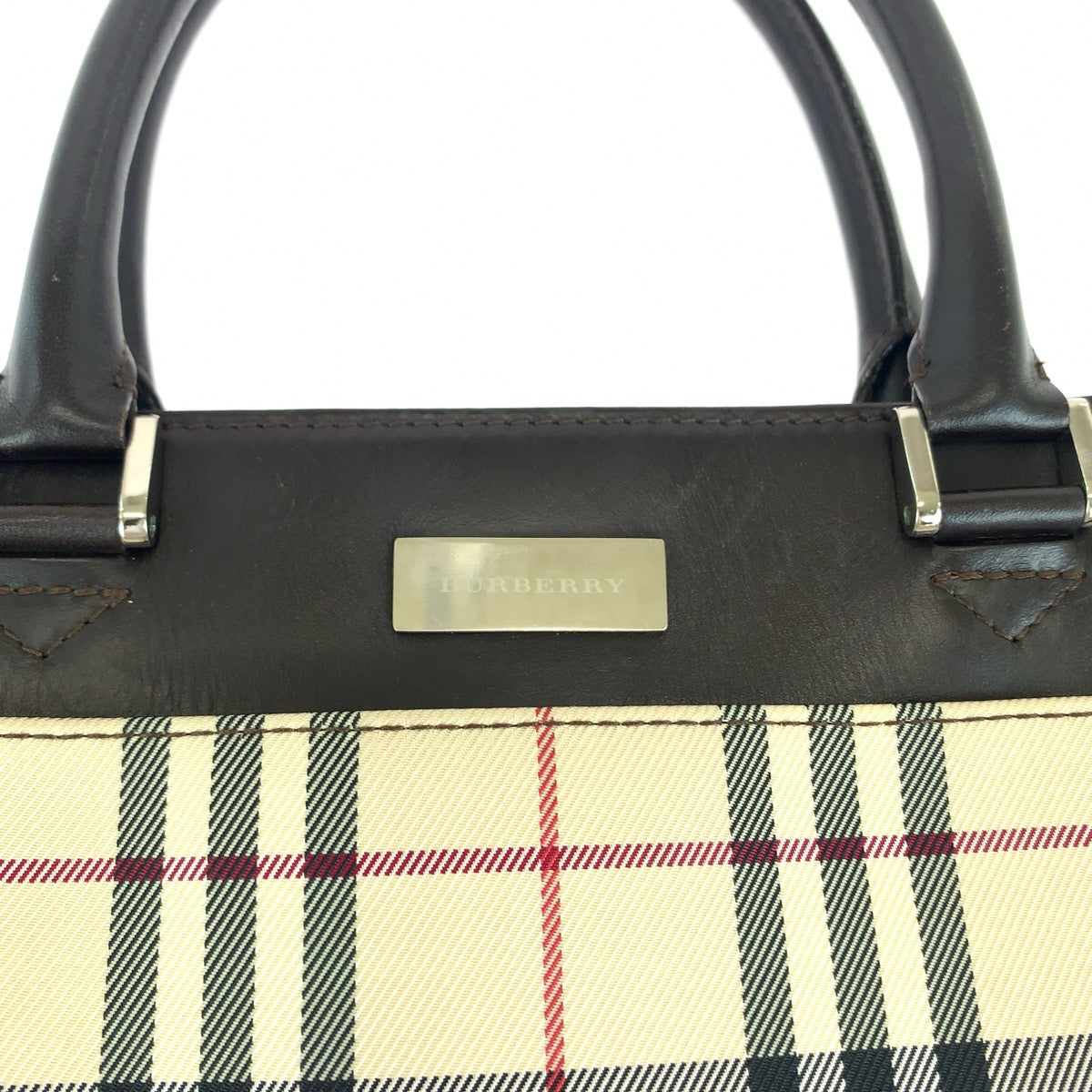 112045
BURBERRY バーバリー チェック柄 ベージュ ブラウン キャンバス / レザー トートバッグ ハンドバッグ  レディース