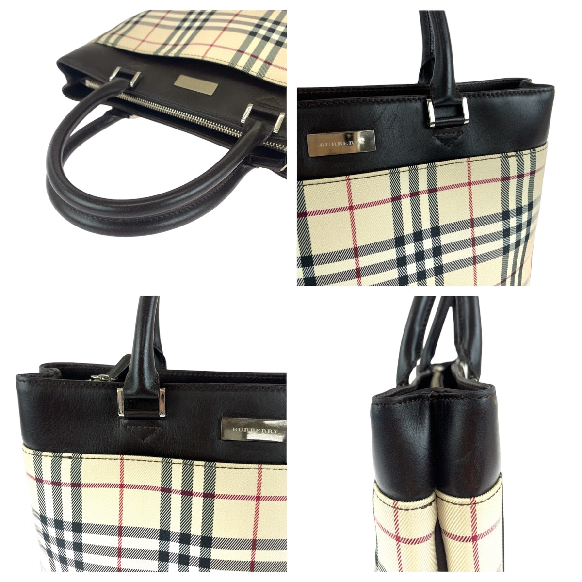 112045
BURBERRY バーバリー チェック柄 ベージュ ブラウン キャンバス / レザー トートバッグ ハンドバッグ  レディース