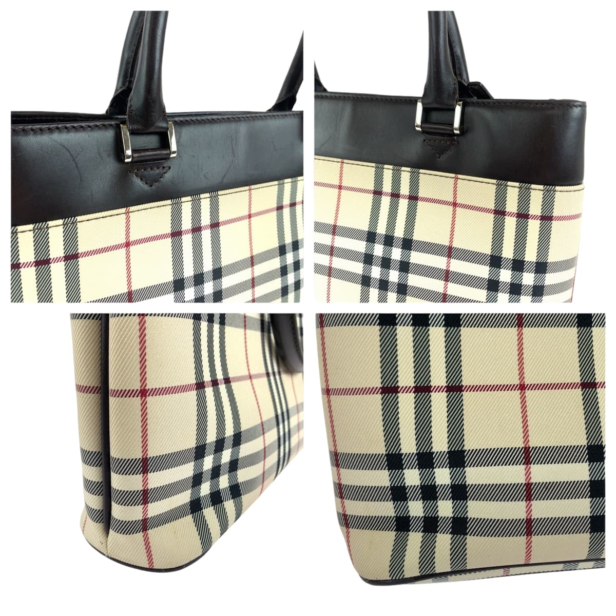 112045
BURBERRY バーバリー チェック柄 ベージュ ブラウン キャンバス / レザー トートバッグ ハンドバッグ  レディース