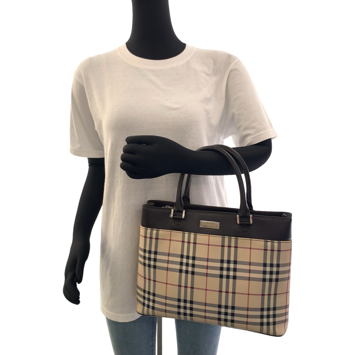 112045
BURBERRY バーバリー チェック柄 ベージュ ブラウン キャンバス / レザー トートバッグ ハンドバッグ  レディース