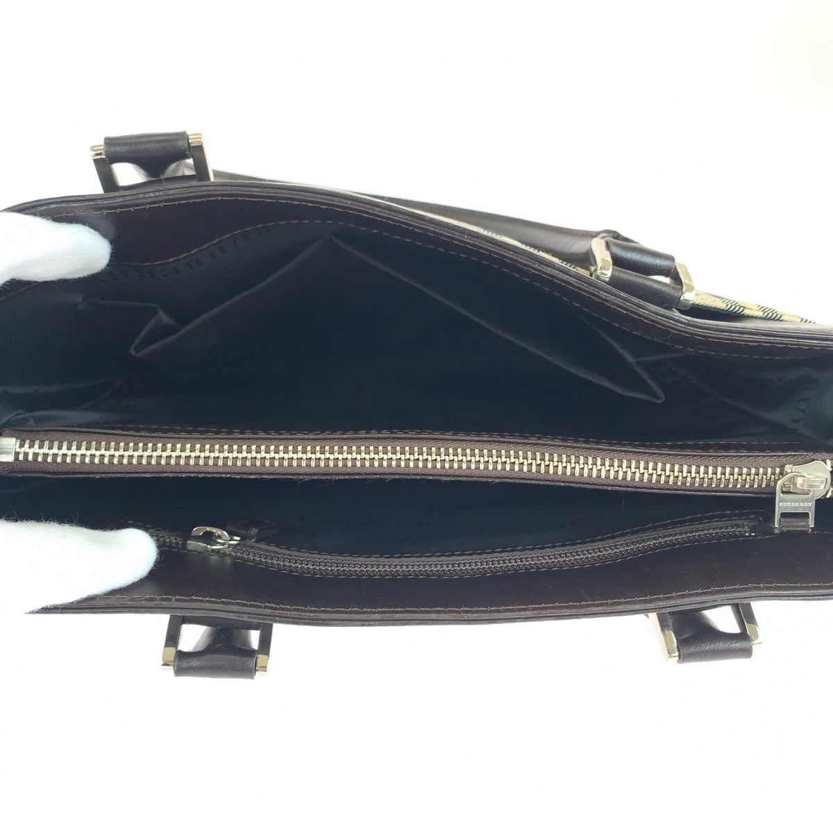 112045
BURBERRY バーバリー チェック柄 ベージュ ブラウン キャンバス / レザー トートバッグ ハンドバッグ  レディース