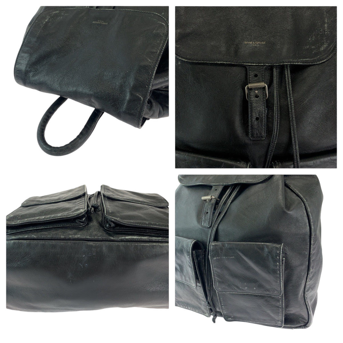 SAINT LAURENT PARIS サンローランパリ ブラック 黒 シルバー金具 レザー ヴィンテージ加工 バックパック リュック  メンズ