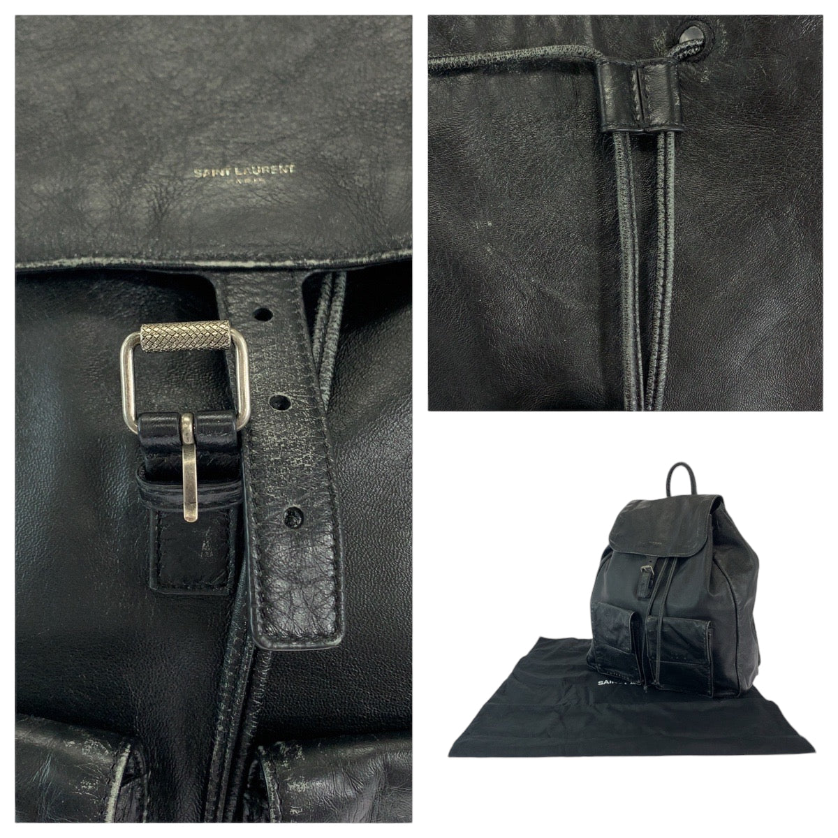 SAINT LAURENT PARIS サンローランパリ ブラック 黒 シルバー金具 レザー ヴィンテージ加工 バックパック リュック  メンズ