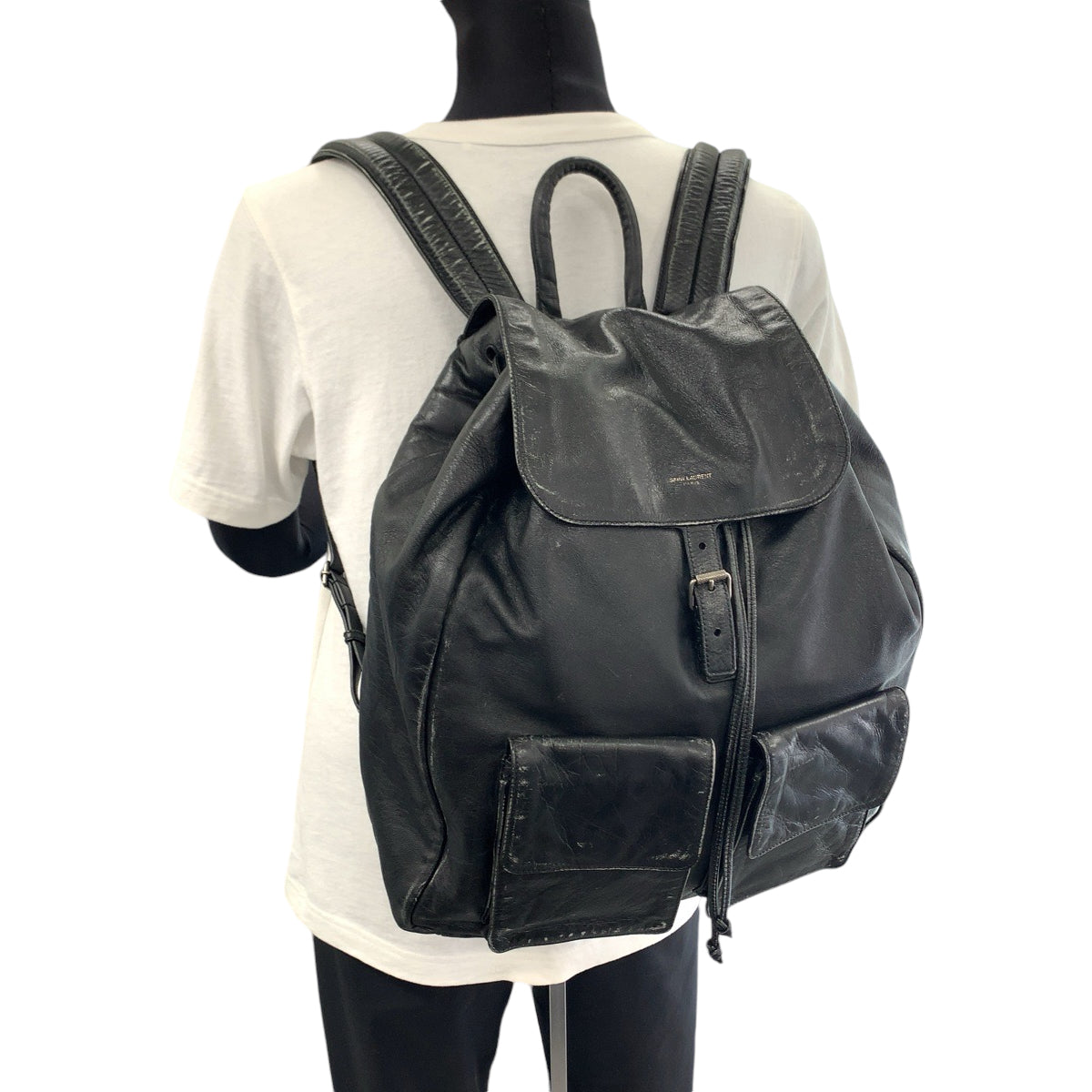 SAINT LAURENT PARIS サンローランパリ ブラック 黒 シルバー金具 レザー ヴィンテージ加工 バックパック リュック  メンズ