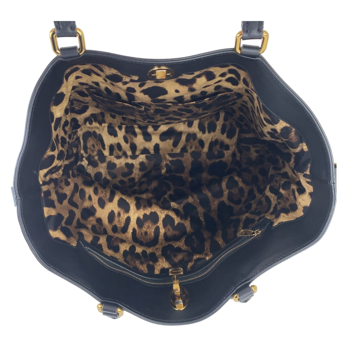 12042
DOLCE&GABBANA ドルチェアンドガッバーナ 中レオパード柄 ヒョウ柄 ブラック 黒 ゴールド金具 レザー トートバッグ ハンドバッグ  レディース