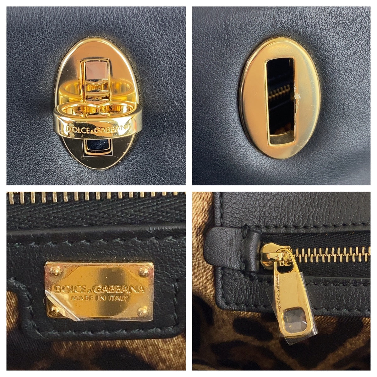 12042
DOLCE&GABBANA ドルチェアンドガッバーナ 中レオパード柄 ヒョウ柄 ブラック 黒 ゴールド金具 レザー トートバッグ ハンドバッグ  レディース