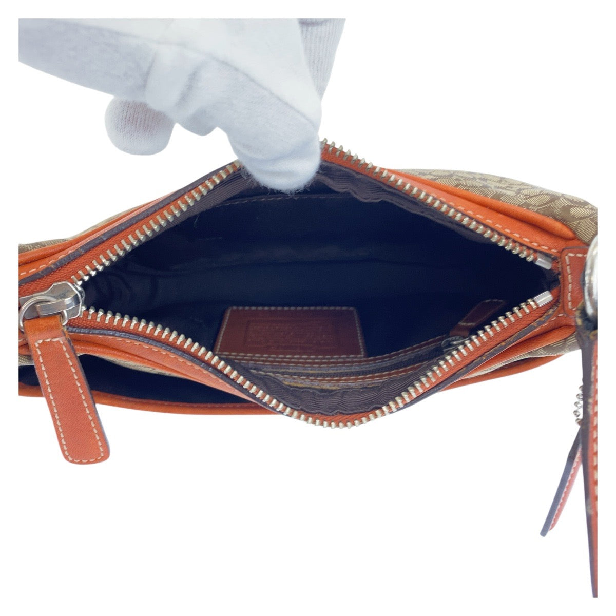 12040
COACH コーチ シグネチャー ベージュ オレンジ シルバー金具 キャンバス / レザー 斜め掛け ショルダーバッグ ポシェット  レディース