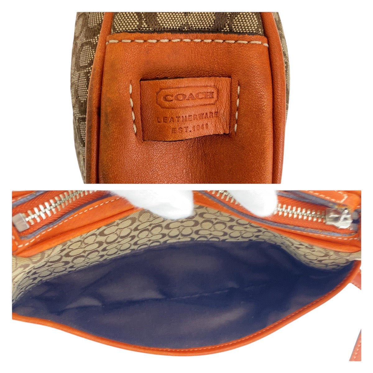 12040
COACH コーチ シグネチャー ベージュ オレンジ シルバー金具 キャンバス / レザー 斜め掛け ショルダーバッグ ポシェット  レディース