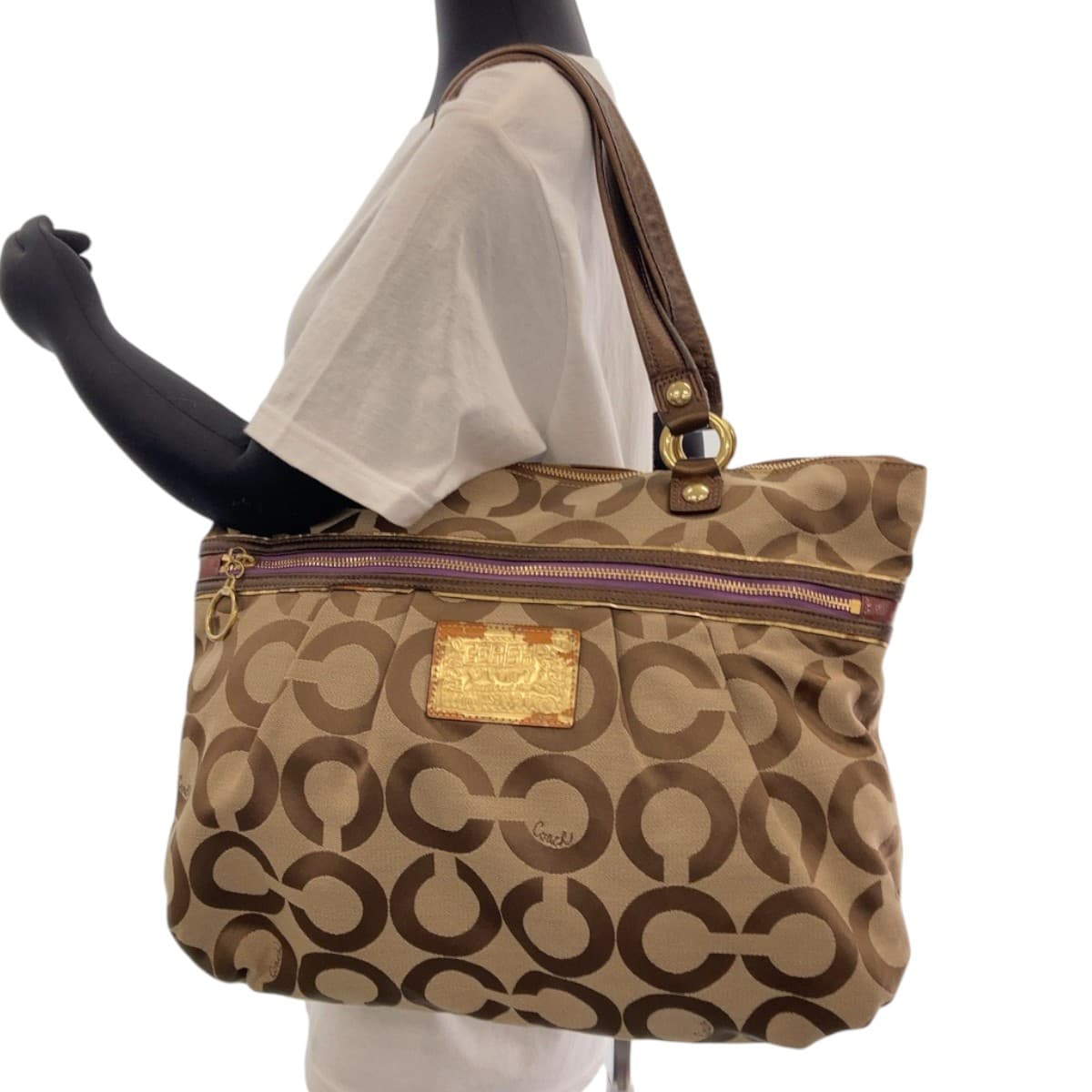 12003
 COACH Op Art Beige Purple Gold Hardware Canvas Tote Bag Shoulder Bag Women's