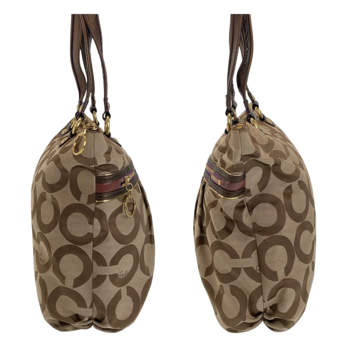 12003
 COACH Op Art Beige Purple Gold Hardware Canvas Tote Bag Shoulder Bag Women's