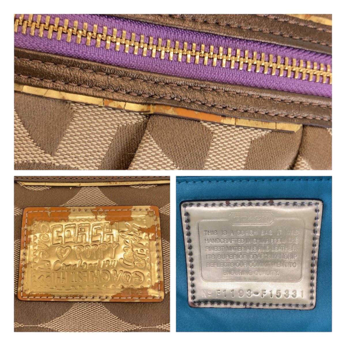 12003
 COACH Op Art Beige Purple Gold Hardware Canvas Tote Bag Shoulder Bag Women's