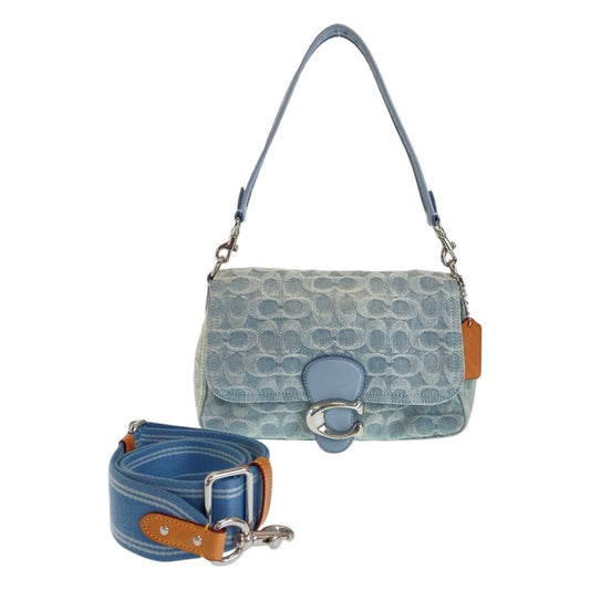 COACH コーチ シグネチャー スカイブルー シルバー金具 デニム / レザー 斜め掛け ショルダーバッグ ハンドバッグ  レディース