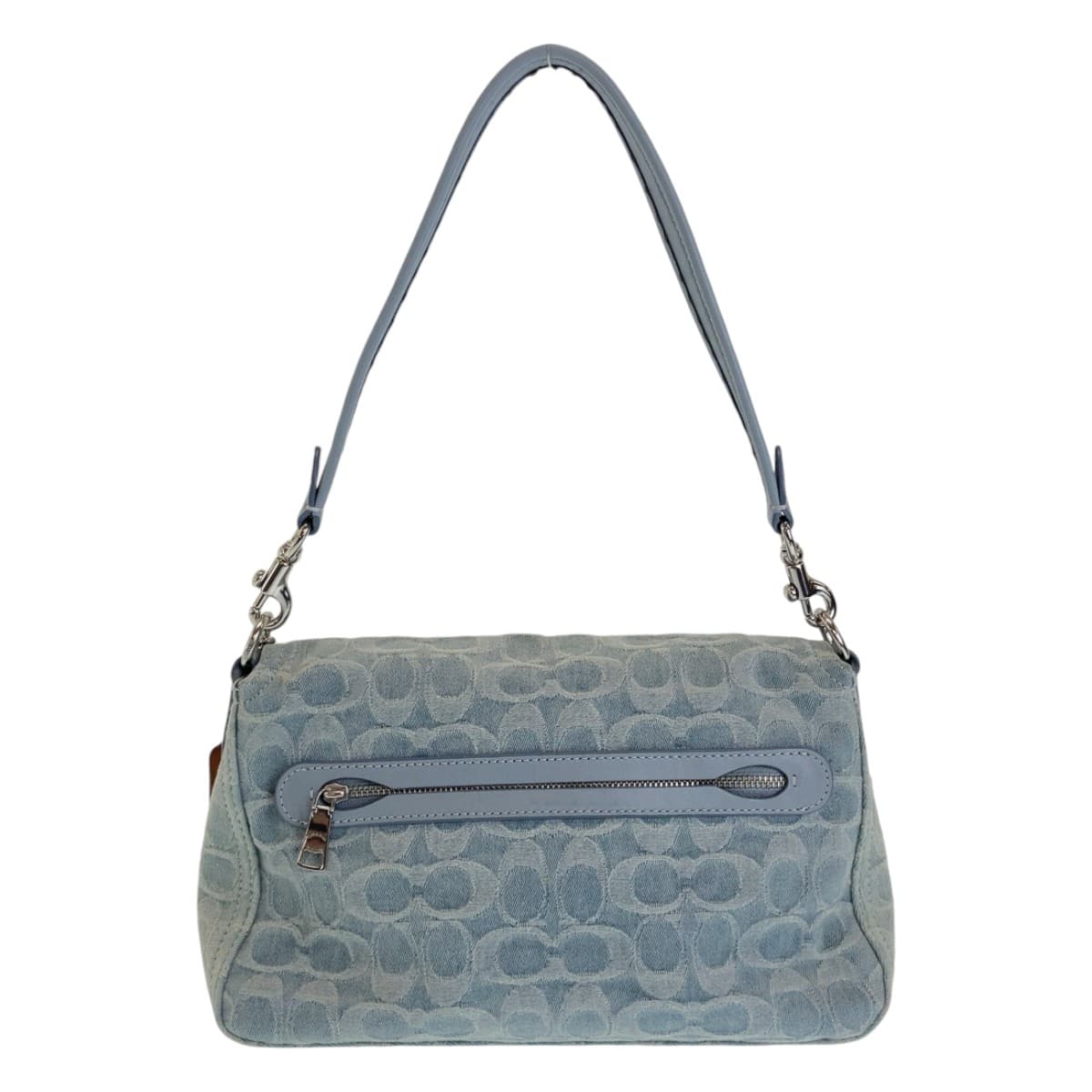 COACH コーチ シグネチャー スカイブルー シルバー金具 デニム / レザー 斜め掛け ショルダーバッグ ハンドバッグ  レディース