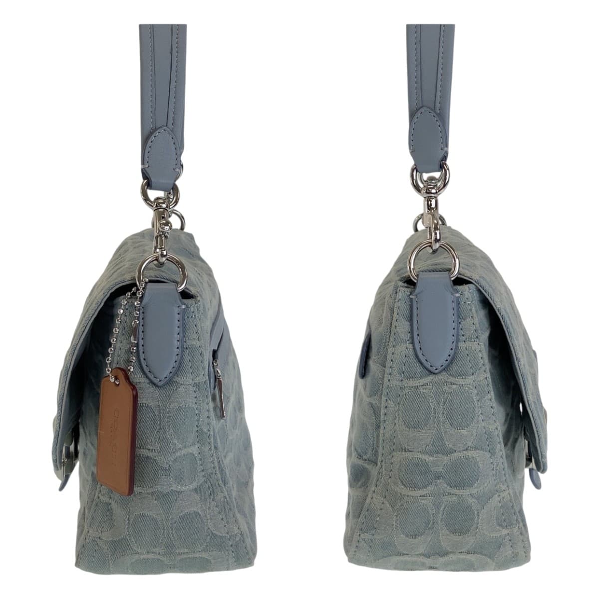 COACH コーチ シグネチャー スカイブルー シルバー金具 デニム / レザー 斜め掛け ショルダーバッグ ハンドバッグ  レディース