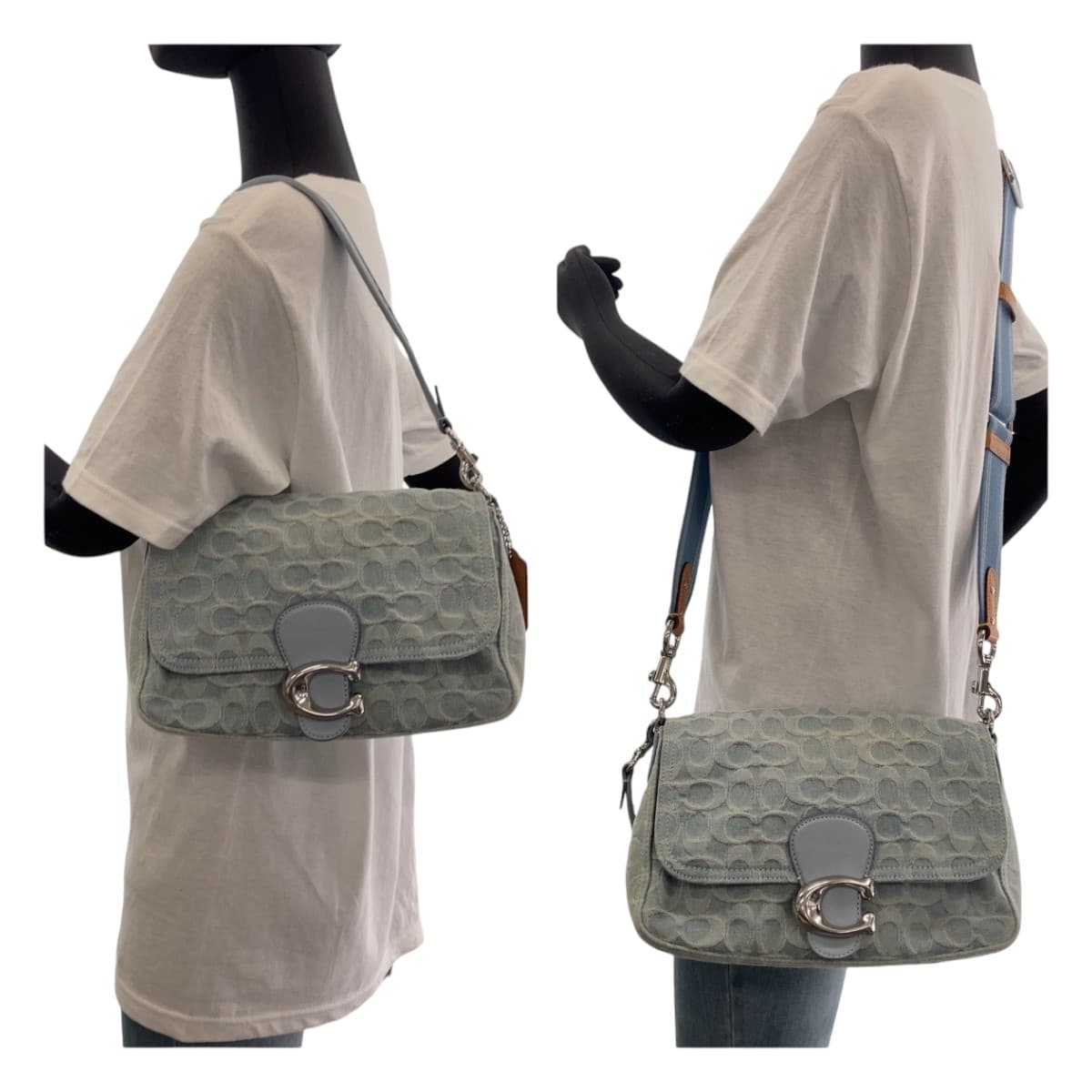 COACH コーチ シグネチャー スカイブルー シルバー金具 デニム / レザー 斜め掛け ショルダーバッグ ハンドバッグ  レディース