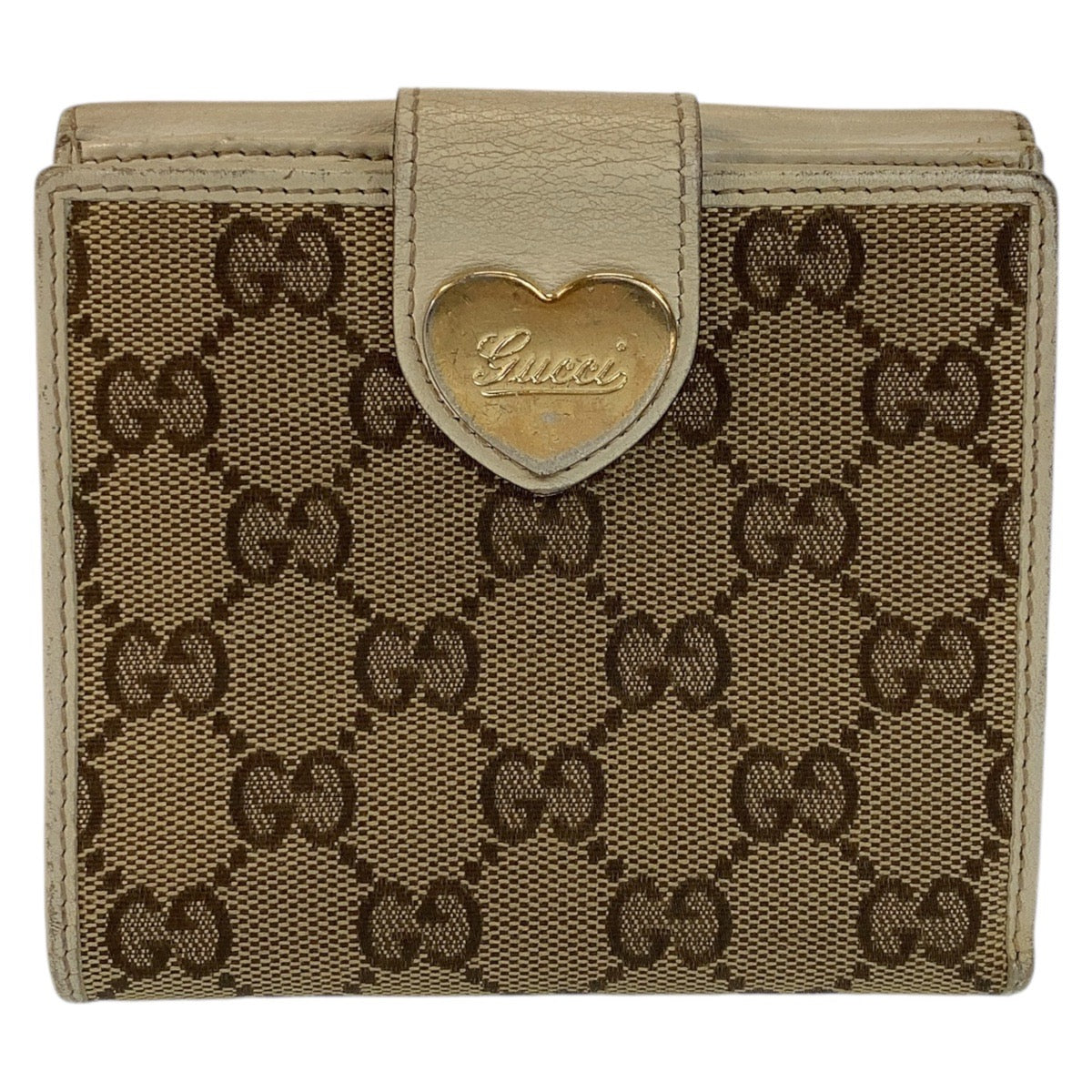 GUCCI グッチ ハート ベージュ オフホワイト ゴールド金具 GGキャンバス 折財布 コンパクトウォレット  レディース