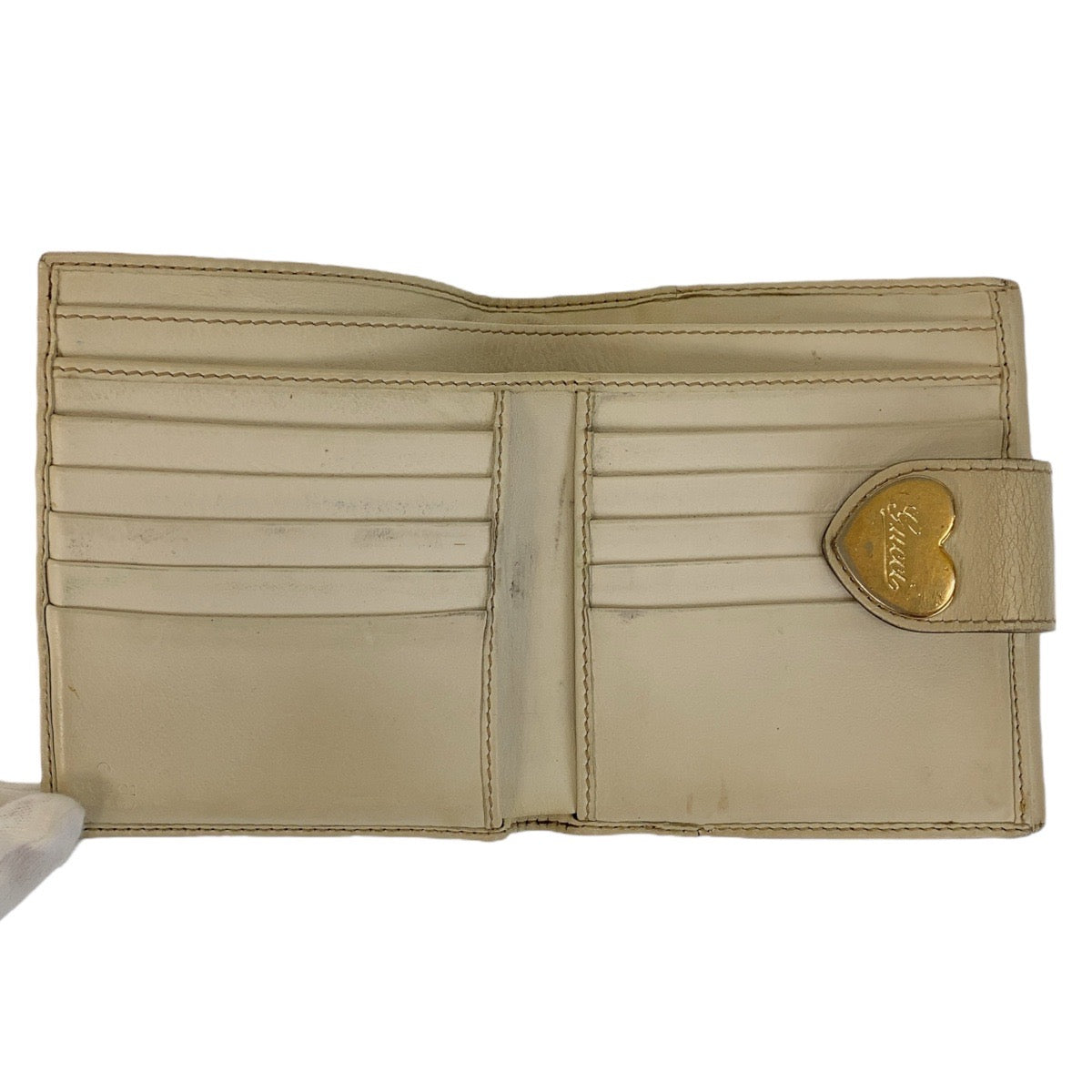 GUCCI グッチ ハート ベージュ オフホワイト ゴールド金具 GGキャンバス 折財布 コンパクトウォレット  レディース