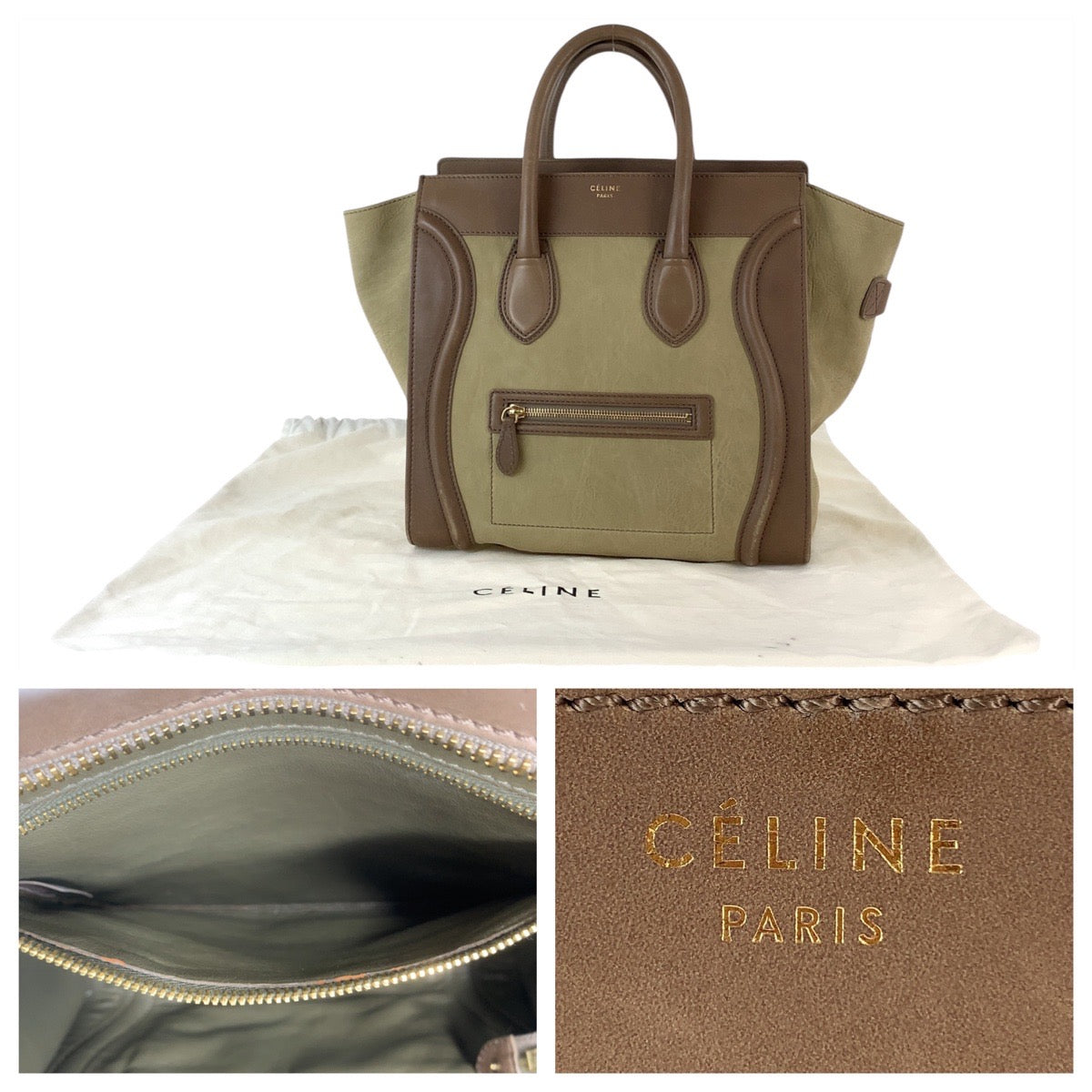 12030
CELINE セリーヌ ラゲージ ミニショッパー カーキ ブラウン ゴールド金具 レザー ハンドバッグ トートバッグ  レディース AB48