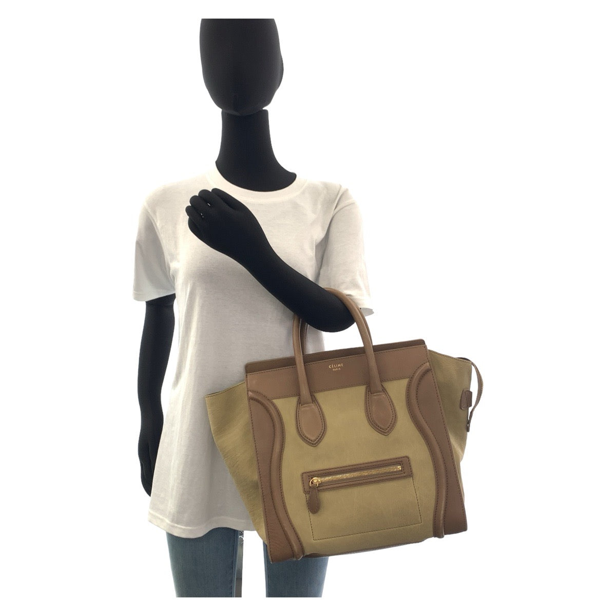 12030
CELINE セリーヌ ラゲージ ミニショッパー カーキ ブラウン ゴールド金具 レザー ハンドバッグ トートバッグ  レディース AB48