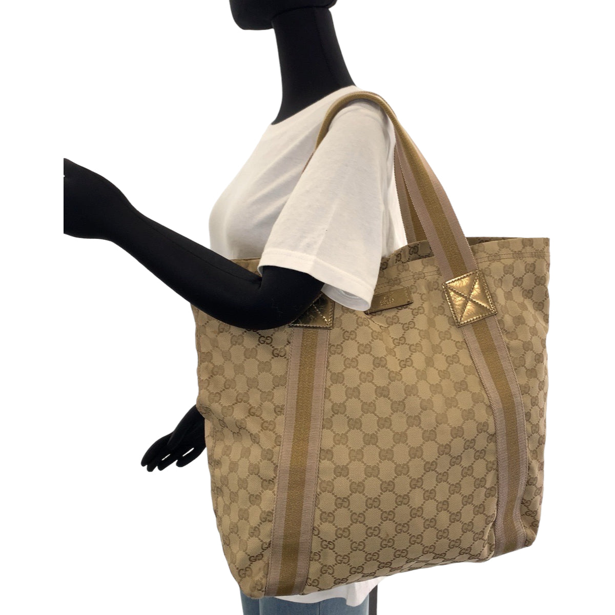12028
GUCCI グッチ シェリーライン ベージュ ゴールド GGキャンバス 189669 トートバッグ ショルダーバッグ  レディース