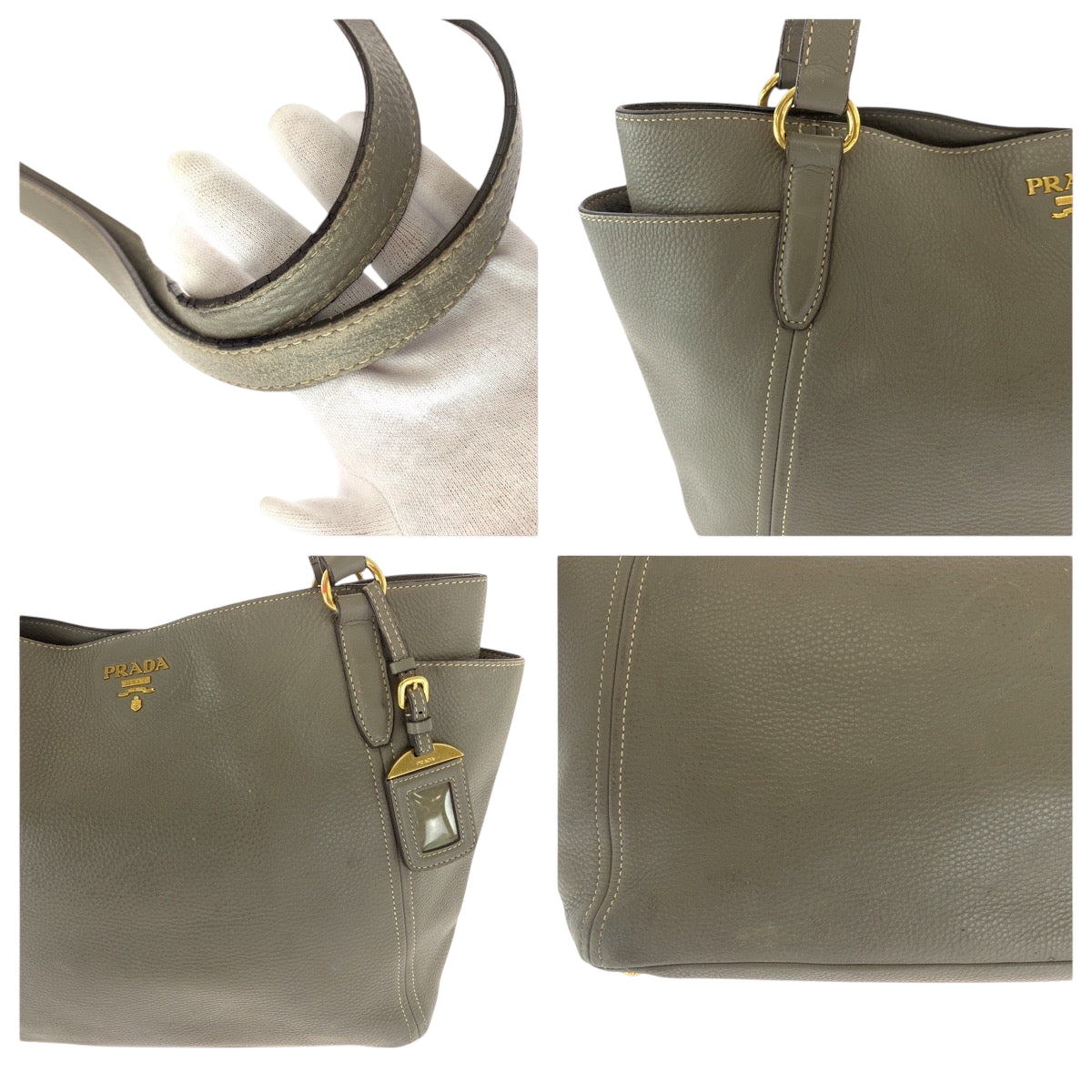 14012
PRADA プラダ ヴィッテロダイノ マルモ グレージュ ゴールド金具 レザー BR4970 トートバッグ ショルダーバッグ レディース AB48