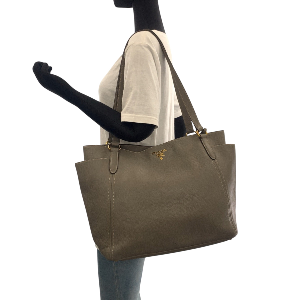 14012
PRADA プラダ ヴィッテロダイノ マルモ グレージュ ゴールド金具 レザー BR4970 トートバッグ ショルダーバッグ レディース AB48