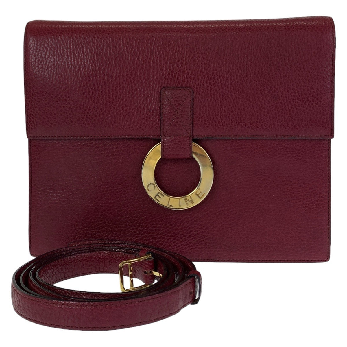 CELINE セリーヌ ヴィンテージ サークルロゴ ワインレッド ゴールド金具 レザー 斜め掛け ショルダーバッグ ポシェット  レディース