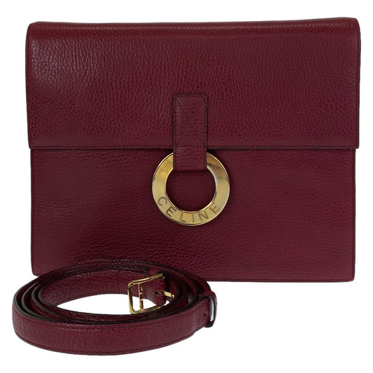 CELINE セリーヌ ヴィンテージ サークルロゴ ワインレッド ゴールド金具 レザー 斜め掛け ショルダーバッグ ポシェット  レディース