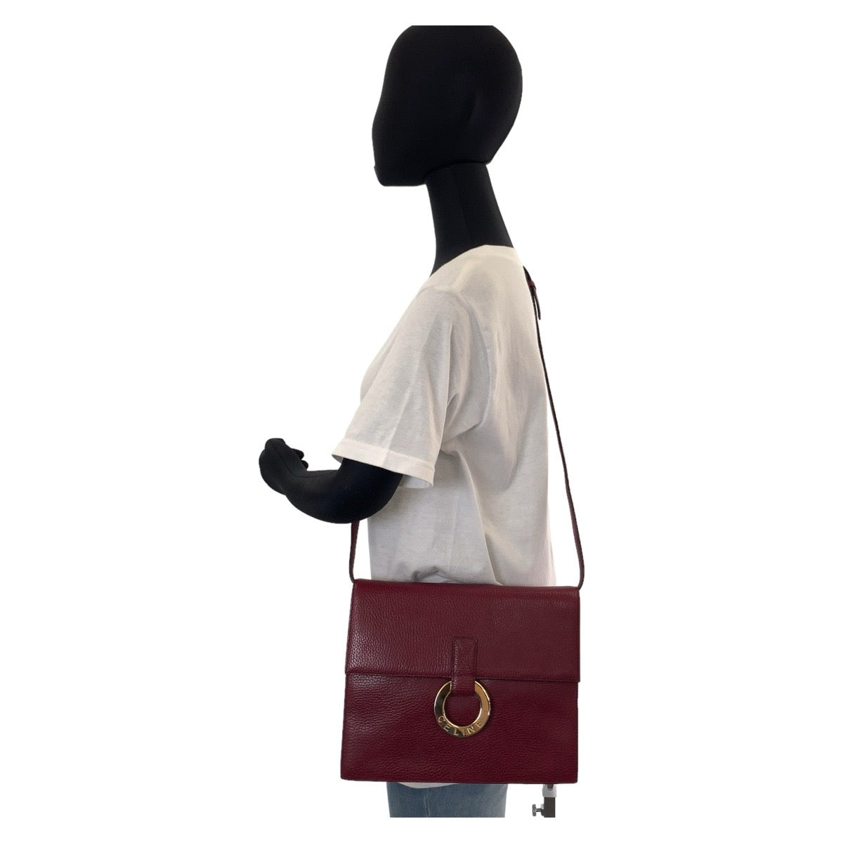 CELINE セリーヌ ヴィンテージ サークルロゴ ワインレッド ゴールド金具 レザー 斜め掛け ショルダーバッグ ポシェット  レディース