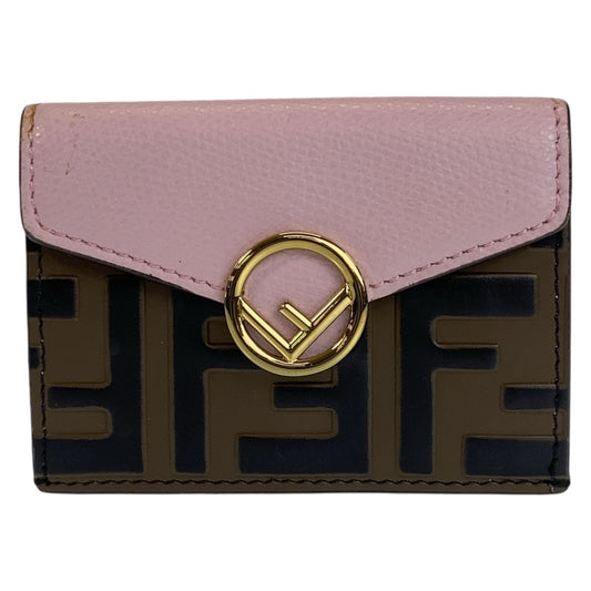 11982
FENDI フェンディ ズッカ エフイズフェンディ ピンク ブラウン ゴールド金具 レザー 折財布 コンパクトウォレット  レディース