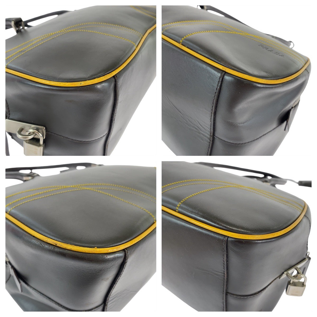 12943
PRADA プラダ ブラウン イエロー シルバー金具 レザー トートバッグ ミニボストンバッグ  レディース