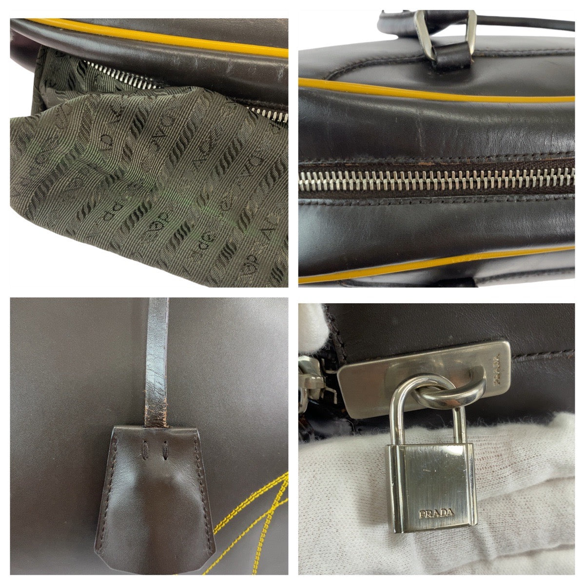 12943
PRADA プラダ ブラウン イエロー シルバー金具 レザー トートバッグ ミニボストンバッグ  レディース